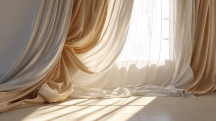 flowing fabric drapes by sunlit window