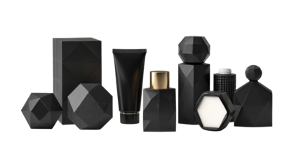 Unique geometric cosmetic packaging shapes isolated on a Transparent background, PNG file.