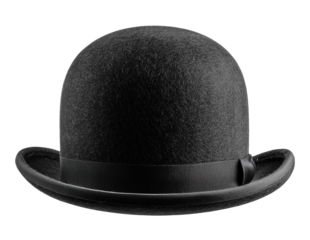 Black bowler derby hat, front view, isolated on transparent background