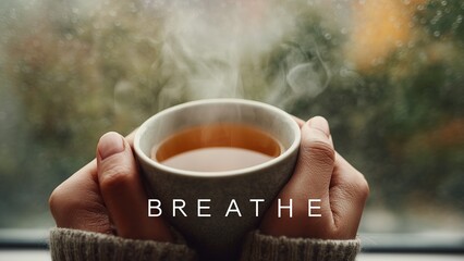 Hygge Lifestyle Visual: Hands Holding Hot Tea Near Window, Promoting Slow Living and Mindfulness with "Breathe" Message. for Self-Care.