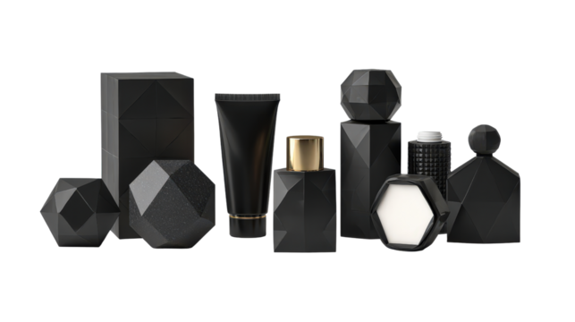 Unique geometric cosmetic packaging shapes isolated on a Transparent background, PNG file.