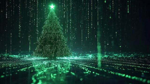 Futuristic digital Christmas tree composed of glowing green particles and binary code, with a star on top, set against a cyberspace data rain background