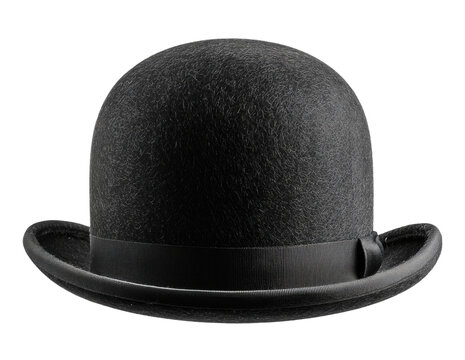 Black bowler derby hat, front view, isolated on transparent background