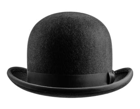 Black bowler derby hat, front view, isolated on transparent background