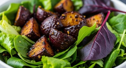 Fresh salad with roasted sweet potato wedges and mixed greens. Closeup of salad with green vegetables