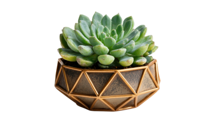 Unique geometric succulent pot with Echeveria plant isolated on a Transparent background, PNG file.