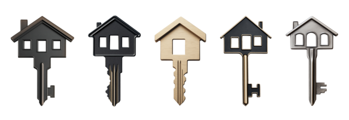 Metal keys designed in the shape of a house, isolated on transparent background