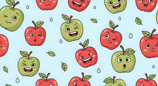 Cute Apple Emoji Pattern Kawaii Fruit Faces Background.