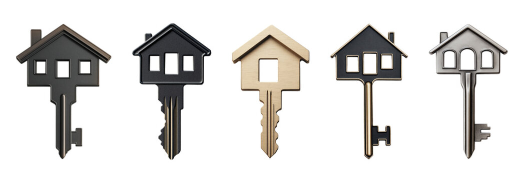 Metal keys designed in the shape of a house, isolated on transparent background