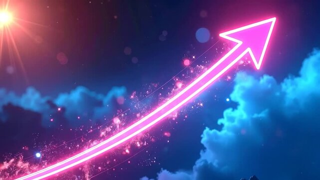 Abstract graphic of a luminous pink arrow pointing skyward amidst digital stardust and celestial light, signifying upward trajectory and business concept success