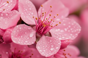 A close-up of a delicate pink flower with water droplets on its petals, set against a blurred background of green leaves.