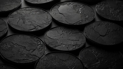 A collection of black circular objects with a textured surface.