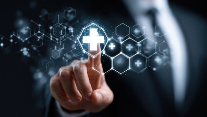 A person in a suit interacts with a glowing digital interface featuring a medical cross, connected hexagons, and medical symbols, suggesting healthcare technology or innovation