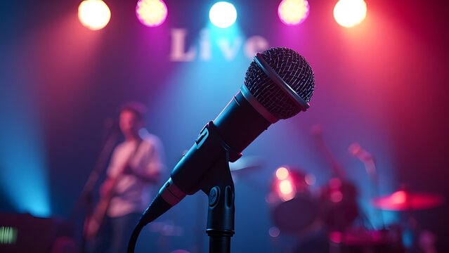 colorful close up shot microphone on an empty stage awaiting performance. Represents music, singing, live entertainment and public speaking.