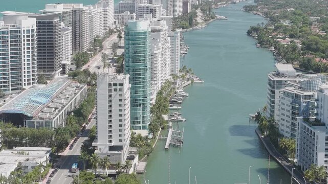 Miami Beach Florida USA, Drone Shot of Indian Creek and Beachfront Towers, Traffic and Buildings