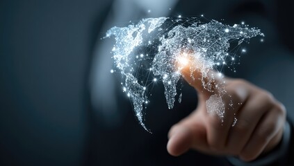 A person's finger interacts with a glowing, interconnected world map visualization, symbolizing global networking and digital connectivity