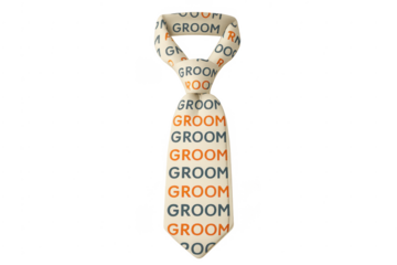 Groom necktie displaying text pattern for wedding concept