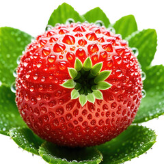 Strawberry atop green leaves with water droplets shining brightly