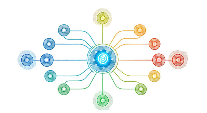 Abstract representation of a connected network of circular nodes and a central gear-like core, illustrating data flow and interconnected systems with vibrant gradient colors on a white background