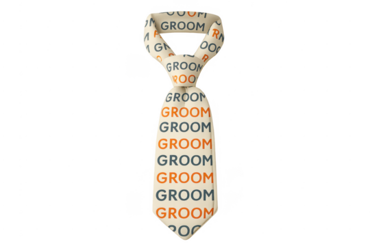 Groom necktie displaying text pattern for wedding concept