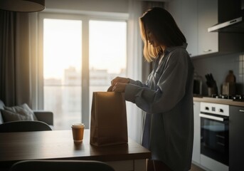 Woman opening paper bag for food delivery in kitchen. Woman packing food in paper bag in kitchen at home