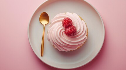 dessert served on minimalist ceramic plate with pastel background and gold spoon, pastel minimalistic illustration 