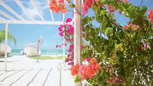 Beach scene includes white sand, clear blue water, a white gazebo or pergola, and several boats beached on the tropical shore