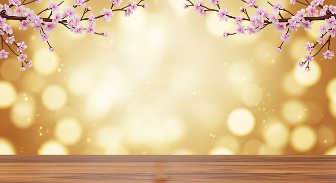 Elegant cherry blossoms framing golden light and inviting wood surface for product display or romantic backdrop, perfect for spring promotions and seasonal themes