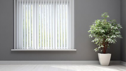 Fototapeta premium Minimalist room interior featuring a window with white vertical blinds, a gray wall, and a potted plant in a white pot, bathed in soft sunlight