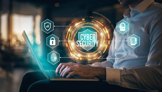 Man typing on laptop with cyber security shield and icons overlayed in a digital environment