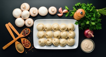 Delicious homemade dumplings made with fresh ingredients and spices. Traditional pelmeni made with mushrooms on a dark background