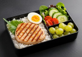 Healthy Bento Box Lunch with Grilled Salmon Rice Salad and Fruit. Healthy Bento Box with Grilled Chicken, Rice, Egg, Grapes and Vegetables