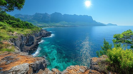 Coastal landscape ocean mountains