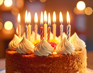 A close-up shot of a birthday dessert featuring a round cake decorated with white frosting swirls and lit, vibrant candles