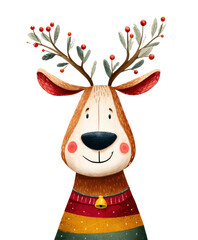 Naklejka premium Cute reindeer portraits christmas smiling holiday animal face with festive antler foliage and berries