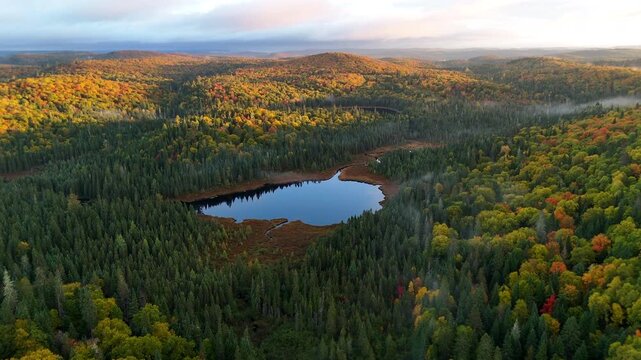 Drone view of a colorful autumn forest with mountains, lake, and river at sunrise in Mauricie, Quebec, Canada. Warm morning light highlights vibrant fall foliage and peaceful landscape.