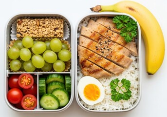 Healthy bento box lunch. Overhead photo of a bento box with chicken, rice and fruit, isolated on white background