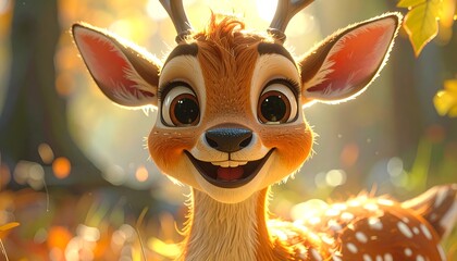 A close-up shot of a cute fawn with large, expressive eyes and a warm smile, set against a blurred autumn background