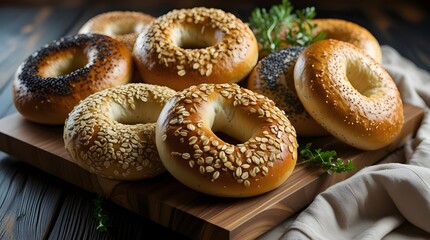 Close-up of fresh bagels with butter, fruit spreads and jams, morning meal and brunch for food lovers, print for National Homemade Bread Day and National Bagel Day.