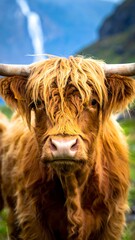A close-up shot of a highland cow with long, shaggy brown fur looking directly at the camera, with background blurred