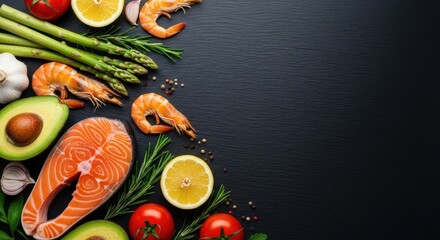 Fresh salmon steak shrimp asparagus avocado tomato and lemon on dark background