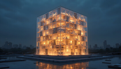 Unique modern office building glows with warm light at twilight, showcasing innovative design and collaborative workspace, ideal for architectural projects