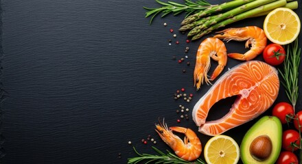 Arranged fresh seafood and vegetables. Fresh salmon steak and seafood with vegetables on a dark background
