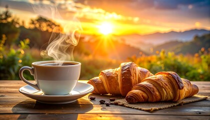 A cup of steaming coffee and fresh croissants sit on a wooden table, overlooking a vibrant sunrise scene