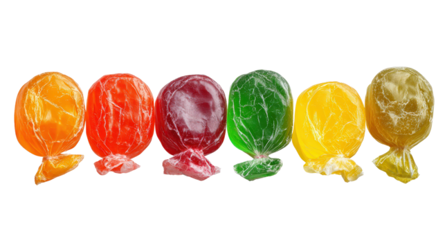 Unwrapped chewy fruit candies lined up by color background isolated on a Transparent background, PNG file.