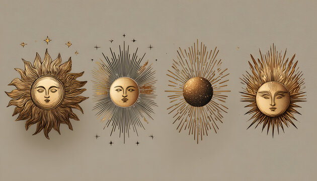 Vector set of linear boho icons and symbols - sun logo design templates - abstract design elements for decoration in modern minimalist style for social media posts