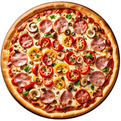 Pizza Round crust, ham, tomato slices, and mushroom toppings