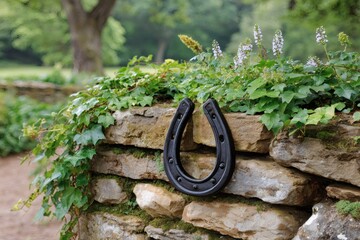 Black horseshoe hanging on stone wall bringing luck