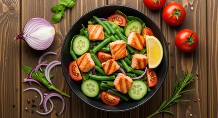 Healthy salmon salad. Grilled salmon salad with green beans, tomatoes, cucumbers and lemon on wood