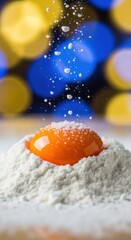 Flour is dripping onto egg yolks against a background of bokeh lights. Egg yolks with flour